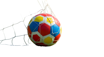 Victory A colorful soccer ball hits the back of the net in a decisive goal against a solid black