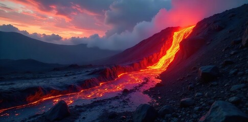 Molten lava flows down a volcanic slope, creating a fiery summer scene The intense heat and glowing orange create a dramatic contrast against the dark, rugged landscape , magma, rugged