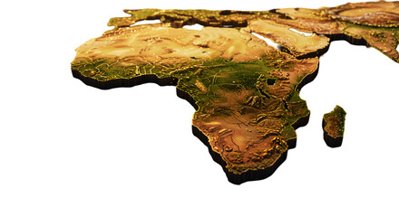 A golden relief map showcasing the African continent s diverse terrain with a dark backdrop and