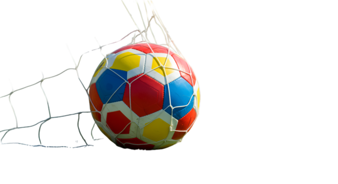 Victory A colorful soccer ball hits the back of the net in a decisive goal against a solid black