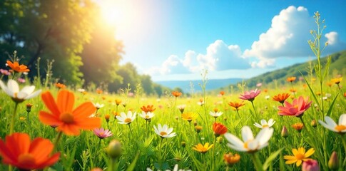 A vibrant, sun-drenched meadow in the height of summer, wildflowers blooming, conveying a sense of carefree, joyful mental freedom , natural, positive