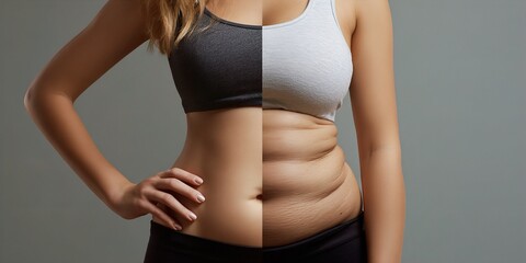 Conceptual Split Image of a Womans Body Contrasting a Slim, Toned Abdomen with Another Side Displaying Loose Skin and Weight Changes