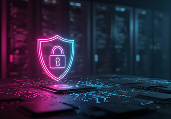 Cybersecurity Protection, Digital Shield with Lock Icon Securing Data in Server Room