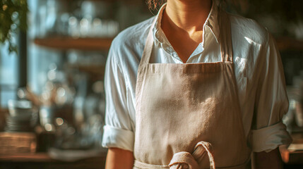 Person wearing a patterned apron tending to plants in a sunlit greenhouse or garden center