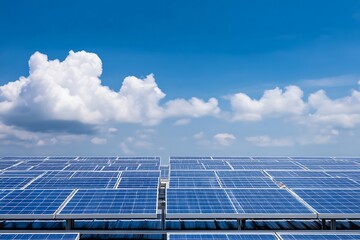 A large array of photovoltaic panels against a clear blue sky dotted with fluffy white clouds.