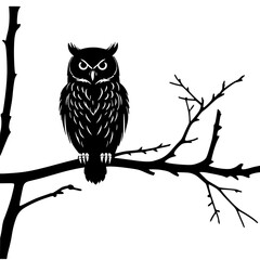 Majestic owl perched on branch in silhouette style
