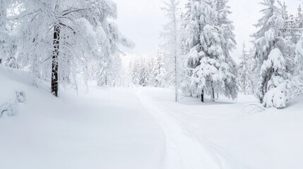 Winter Wonderland Trail: A serene winter landscape presents a winding trail through a snowy forest, with each tree coated in fresh, pristine snow, evokes a sense of tranquility. 