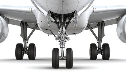 Close-up view of an airplane's landing gear, showcasing intricate details of the mechanical components and tires.