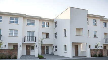 A modern housing complex with clean architectural lines, illuminated by soft daylight.