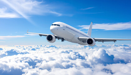 White passenger jet airplane flying high above the clouds during a sunny day