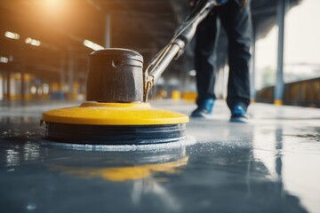 Industrial cleaning in vibrant colors with focused attention on floor care in a commercial car park
