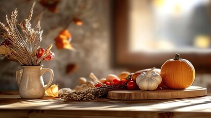 Still life of pumpkin, garlic, tomatoes and dried bouquet on wooden table with sunlight, rustic autumn fall banner with copy space for thanksgiving or harvest theme