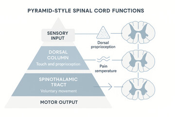 Pyramid-Style Spinal Cord Functions - Illustration of sensory and motor functions diagram, human anatomy, and neurology concepts.