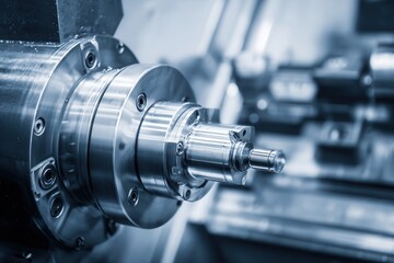 Close-up view of a precision machine tool in operation within an automotive factory setting showcasing modern turning techniques