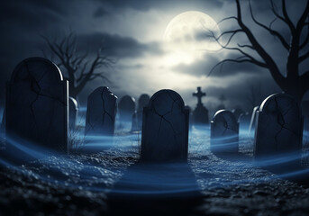A realistic spooky graveyard with ancient tombstones, eerie blue mist, and full moonlight, ideal for dark Halloween backgrounds and horror-themed projects, Ai Generate.