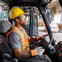 Focused construction worker skillfully operates a forklift in a busy warehouse during daytime hours