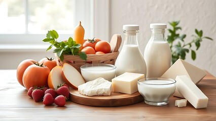 Fresh dairy products neatly arranged on a wooden table with soft natural lighting and a clean white background.