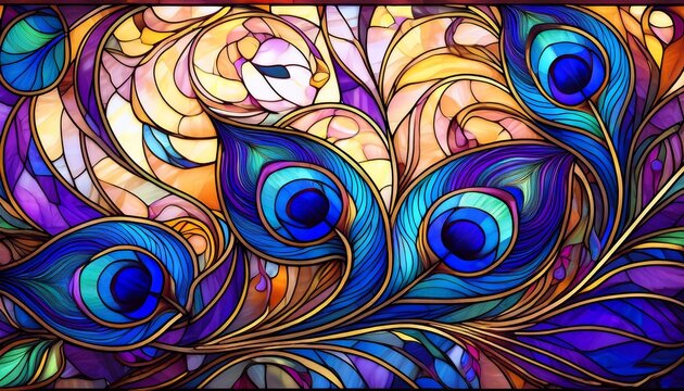 an art nouveau stained glass pattern with intricate vines and peacock feathers colored in jewel tones of sapphire and amethyst backlit by warm golden light to emphasize translucent textures