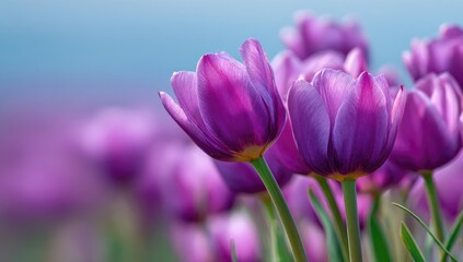 Fototapeta premium Close-up of several deep purple tulips in a field, subtly blurred background suggesting more flowers, soft lighting