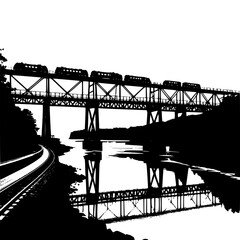 Train crosses bridge over water reflection dramatic silhouette