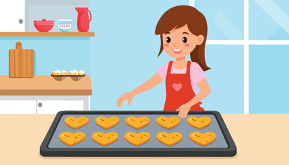 Girl baking heart-shaped cookies on a tray in a kitchen setting, preparing food.