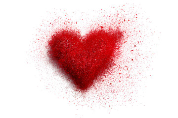 Red heart exploding with pink and white particles on black background