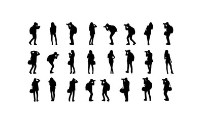 Collection of photographer diverse full-body silhouettes of individuals in various poses, some holding cameras and bags, isolated on a white background