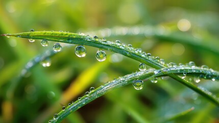 Naklejka premium Dew-Kissed Blades: A macro shot captures nature's delicate dance, as glistening water droplets cling to vibrant green blades of grass, reflecting a world of freshness and purity.