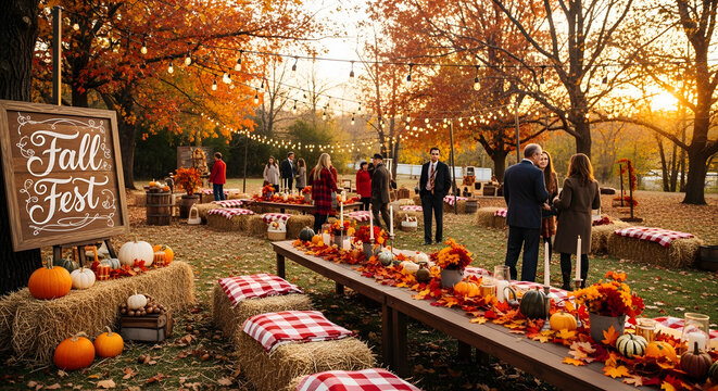 People gather at a charming outdoor "Fall Fest" decorated with hay bales pumpkins and string lights creating a warm and festive community celebration in autumn.
