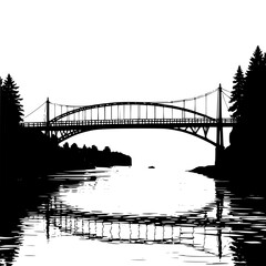 Scenic suspension bridge over tranquil water reflects nature