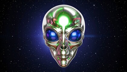Metallic alien head in space