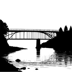 Scenic bridge over tranquil water with forest silhouette