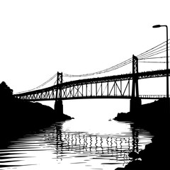Iconic suspension bridge spans water with reflection