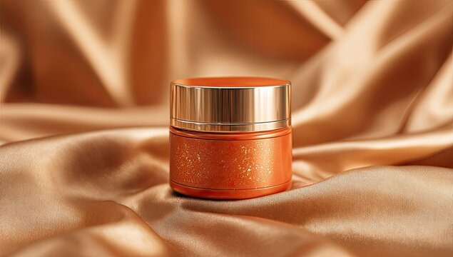 A rust-orange cosmetic jar with a gold lid rests on luxurious golden satin fabric, subtly textured. Soft lighting enhances the product's elegance