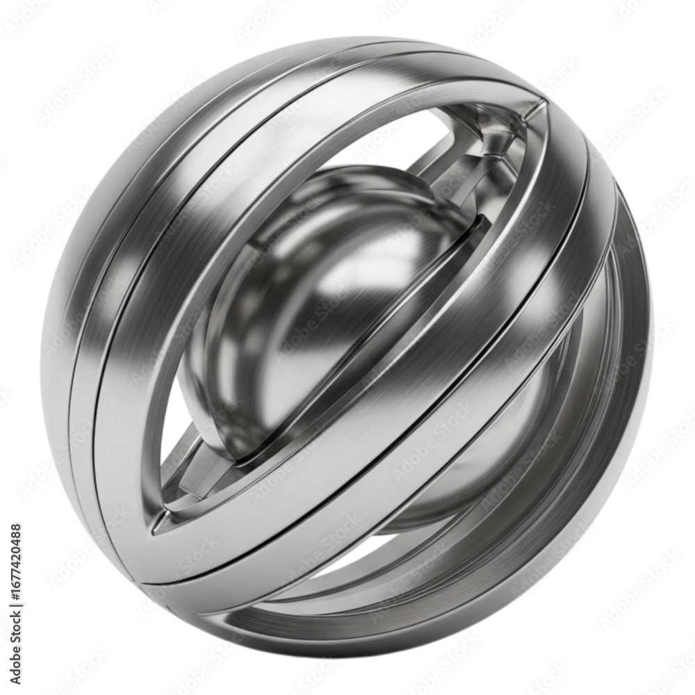 Fototapete a metallic sphere encapsulated by rings with a smaller sphere visible in the center on black backgro