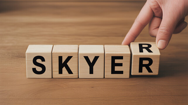 Wooden Alphabet Blocks Spelling Word Skyer Concept Hand Placing Letter Cube For Creativity Fantasy Imagination And Design