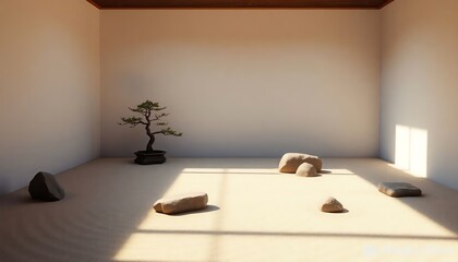 Zen Garden Serenity Minimalist Bonsai & Rock Arrangement in Tranquil Light