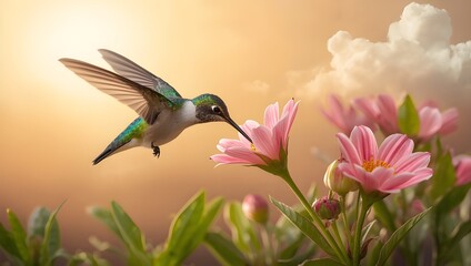 Naklejka premium Hummingbird is feeding on pink flowers in a sunny garden with clouds
