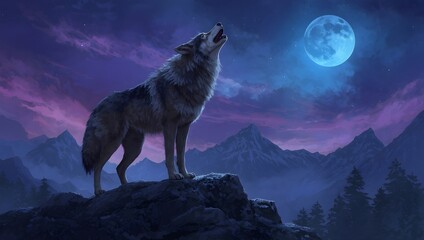 A lone wolf howls at the full moon in a majestic mountain landscape