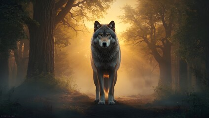 A majestic wolf stands in a forest clearing bathed in golden light