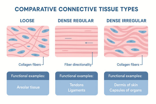Comparative Connective Tissue Types - Illustration of Loose, Dense Regular, and Dense Irregular Tissues [Illustration]