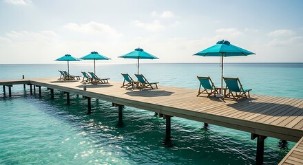 Long wooden pier with teal umbrellas and lounge chairs on a sunny day