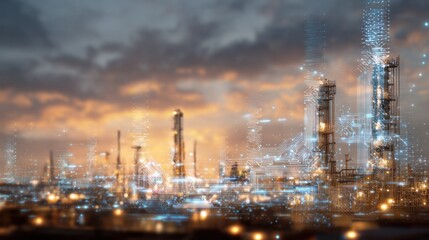 Technological Refinery with Sunset: A futuristic depiction of a refinery, seamlessly blending the raw power of industry with the advanced capabilities of technology.