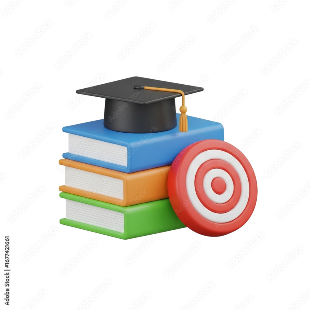 Poster 3d icon of graduation cap on books with target isolated on transparent background