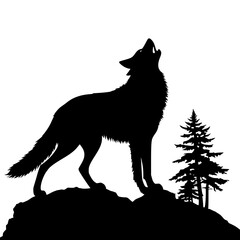 Wolf howling at moon on cliff with pine trees