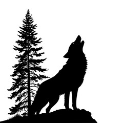 Wolf howls at moon beside pine tree silhouette