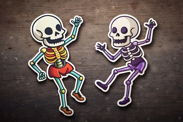 Two cartoon skeletons dancing joyfully on a dark wooden surface