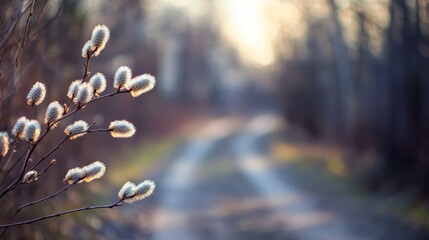 Nature's Gentle Awakening: Pussy willows, soft and ethereal, adorn a slender branch, the background a blurred landscape inviting the viewer to wander.  A picturesque path disappears into the depth.