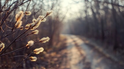 The Whispers of Spring: Delicate pussy willows reach towards the sunlit sky, their soft textures and warm hues contrasting with the tranquil woodland path beyond.