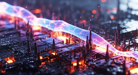 Cyberpunk Cityscape: Electrifying Energy Wave Flowing Through Futuristic Architecture